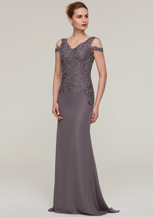 Wedding Guest Dresses Gray Elegant Mermaid V Neck Sleeveless With Sequins Lace Appliqued Sweep Train Hot Sale Mother of the Bride Dress