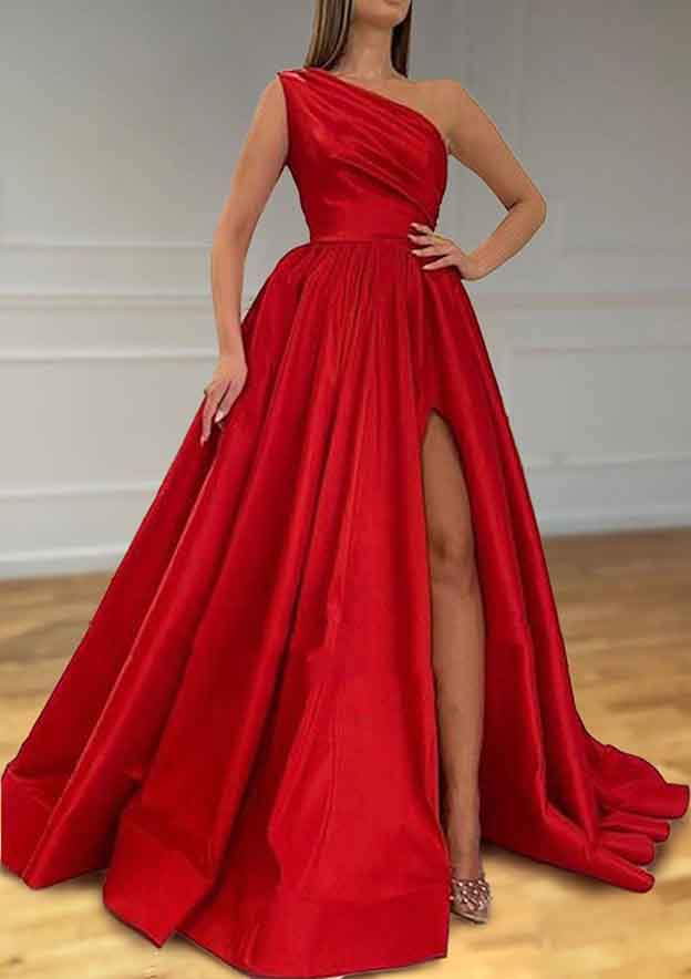 Elegant Satin A-line One-Shoulder Sleeveless With Pleated Split Hot Sale Long Prom Dress