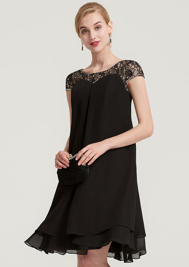 Elegant Wedding Guest Dresses Black Chiffon A-line Boat Neck Short Sleeve With Beading Tiers Ruffles Knee-Length Hot Sale Mother of the Bride Dress