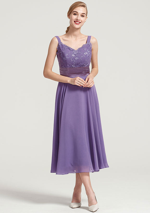 Wedding Guest Dresses Chiffon Lace Classic A-line V Neck Sleeveless Pleated With 3/4 Long Sleeve Jacket Two-Piece Tea-Length Hot Sale Mother of the Bride Dress