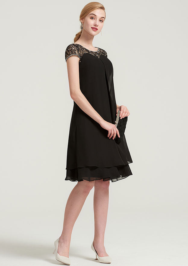 Elegant Wedding Guest Dresses Black Chiffon A-line Boat Neck Short Sleeve With Beading Tiers Ruffles Knee-Length Hot Sale Mother of the Bride Dress