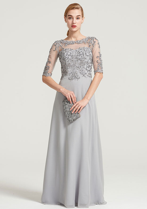Wedding Guest Dresses Chiffon Fashion A-line Bateau Half Sleeve With Sequins Lace Appliqued Floor-Length Hot Sale Mother of the Bride Dress