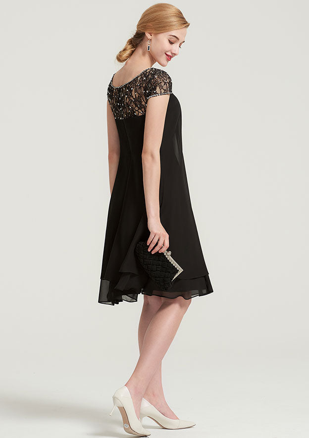 Elegant Wedding Guest Dresses Black Chiffon A-line Boat Neck Short Sleeve With Beading Tiers Ruffles Knee-Length Hot Sale Mother of the Bride Dress