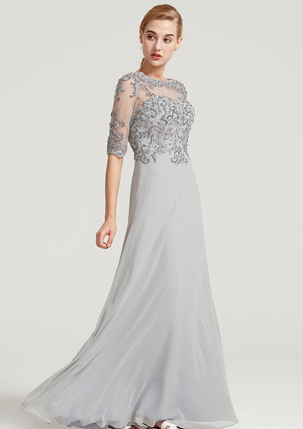 Wedding Guest Dresses Chiffon Fashion A-line Bateau Half Sleeve With Sequins Lace Appliqued Floor-Length Hot Sale Mother of the Bride Dress