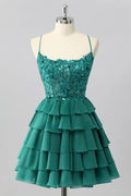 Exquisite Short Dress Sparkly Dark Green A Line Spaghetti Strap Sleeveless Lace Applique with Beading Layered Ruffles Backless Bargain Homecoming Dress