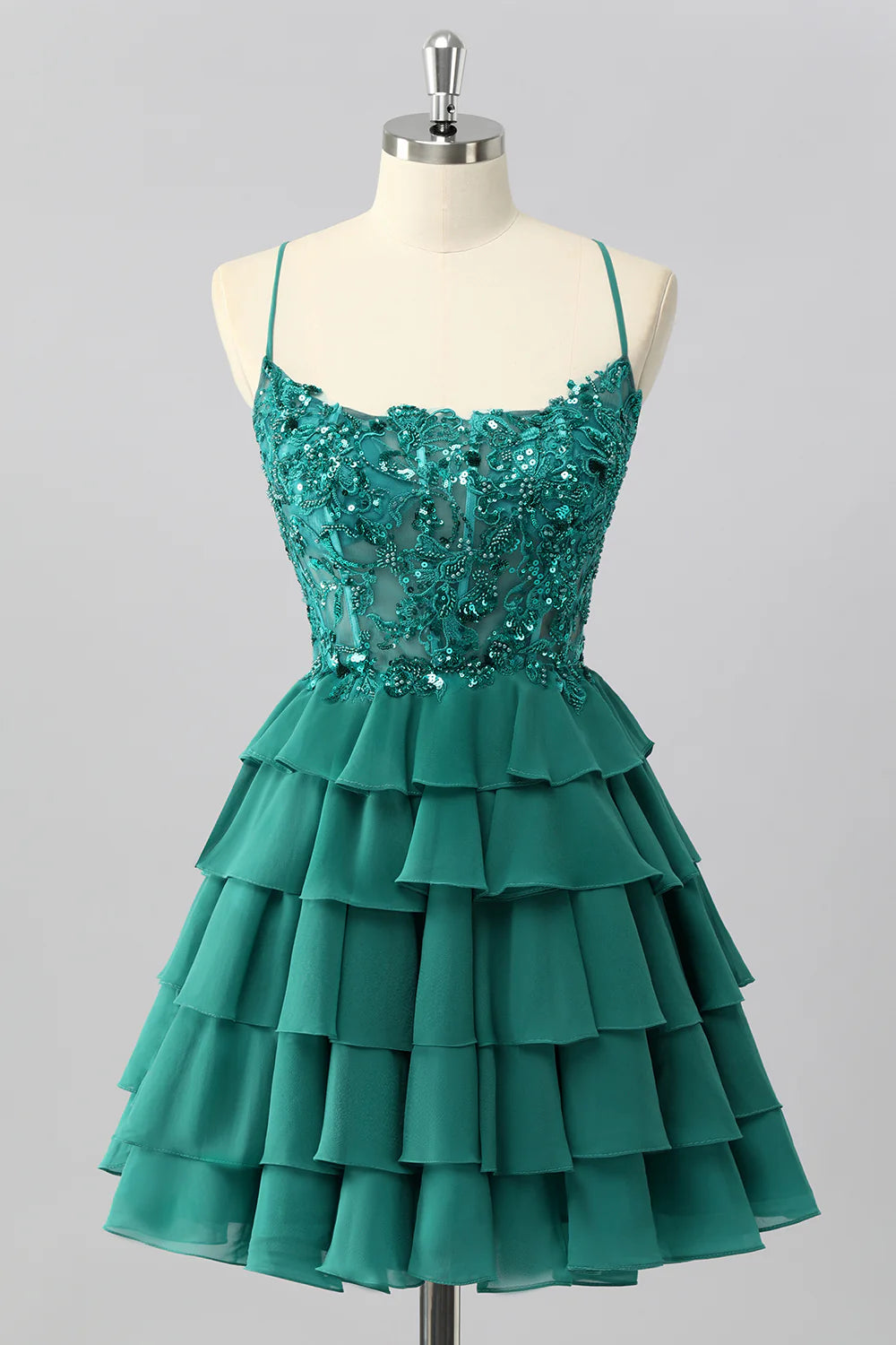 Exquisite Short Dress Sparkly Dark Green A Line Spaghetti Strap Sleeveless Lace Applique with Beading Layered Ruffles Backless Bargain Homecoming Dress