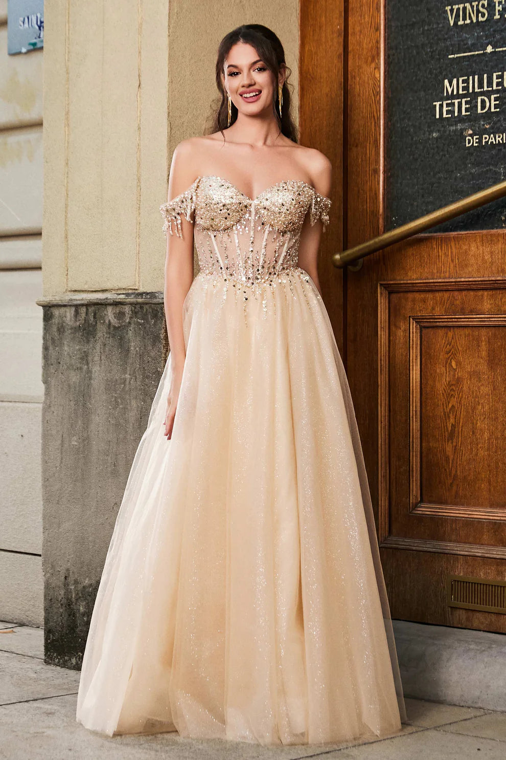Sparkle Tulle A-Line Off-the-Shoulder Sweetheart Neckline Sleeveless Beaded Backless Cheap Long Prom Dress