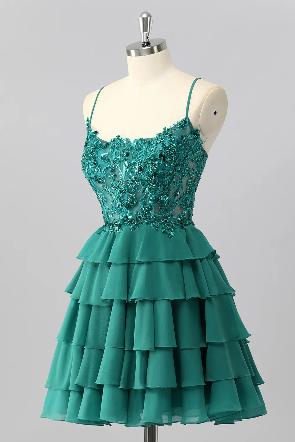 Exquisite Short Dress Sparkly Dark Green A Line Spaghetti Strap Sleeveless Lace Applique with Beading Layered Ruffles Backless Bargain Homecoming Dress