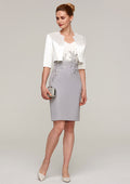 Classic Vintage Wedding Guest Dresses Chiffon Sheath/Column V Neck Short Sleeve Pleated Lace Appliqued With Half Sleeve Jacket Two-Piece Knee-Length Hot Sale Mother of the Bride Dress