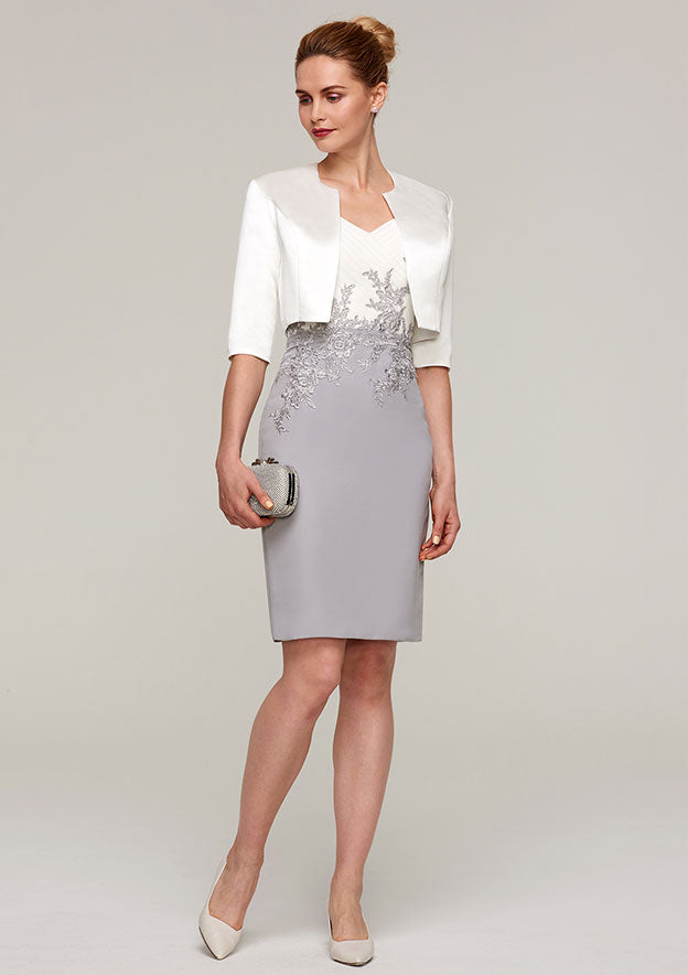 Classic Vintage Wedding Guest Dresses Chiffon Sheath/Column V Neck Short Sleeve Pleated Lace Appliqued With Half Sleeve Jacket Two-Piece Knee-Length Hot Sale Mother of the Bride Dress