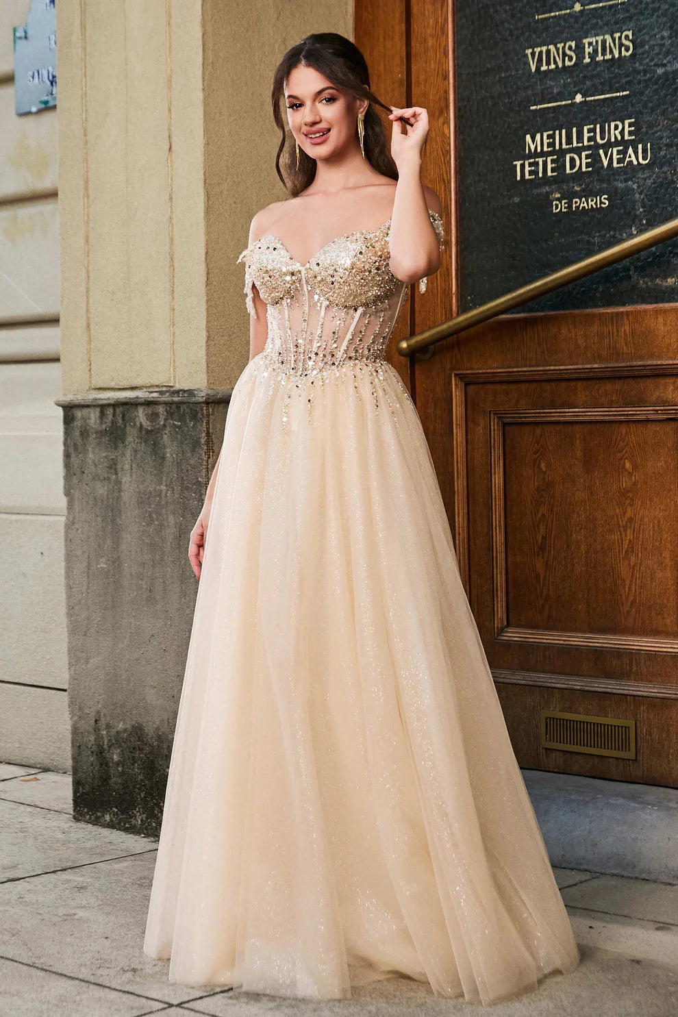 Sparkle Tulle A-Line Off-the-Shoulder Sweetheart Neckline Sleeveless Beaded Backless Cheap Long Prom Dress