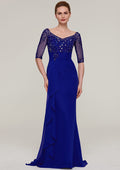 Wedding Guest Dresses Navy Blue Sparkle Chiffon Sheath V Neck Half Sleeve With Rhinestone Tiers Ruffles Sweep Train Hot Sale Mother of the Bride Dress