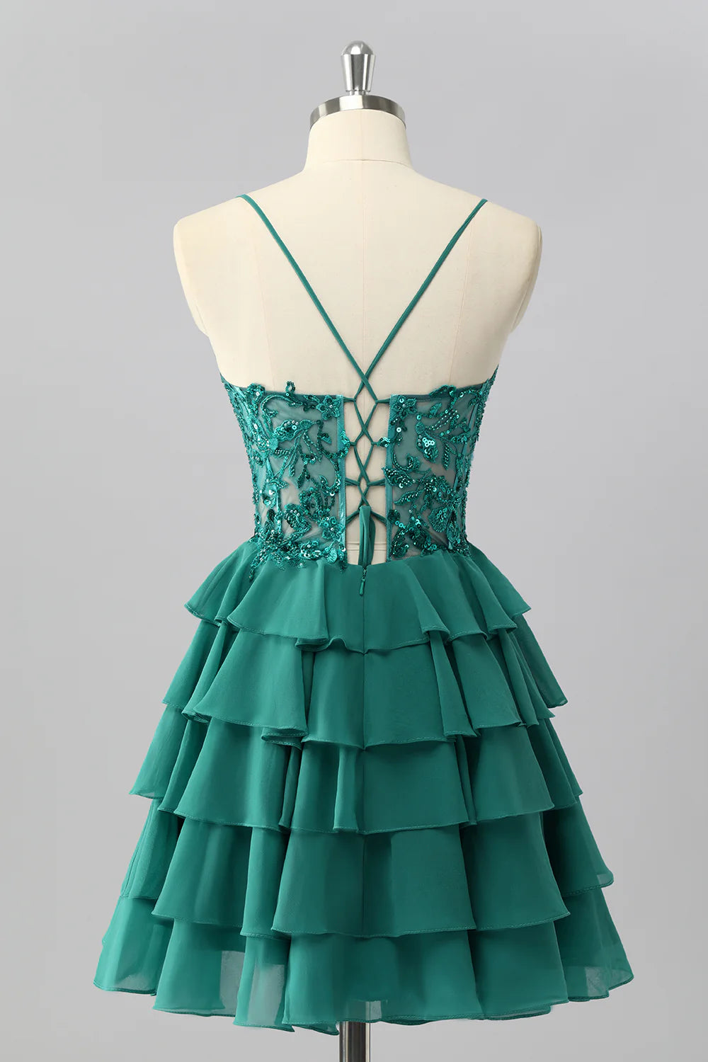 Exquisite Short Dress Sparkly Dark Green A Line Spaghetti Strap Sleeveless Lace Applique with Beading Layered Ruffles Backless Bargain Homecoming Dress
