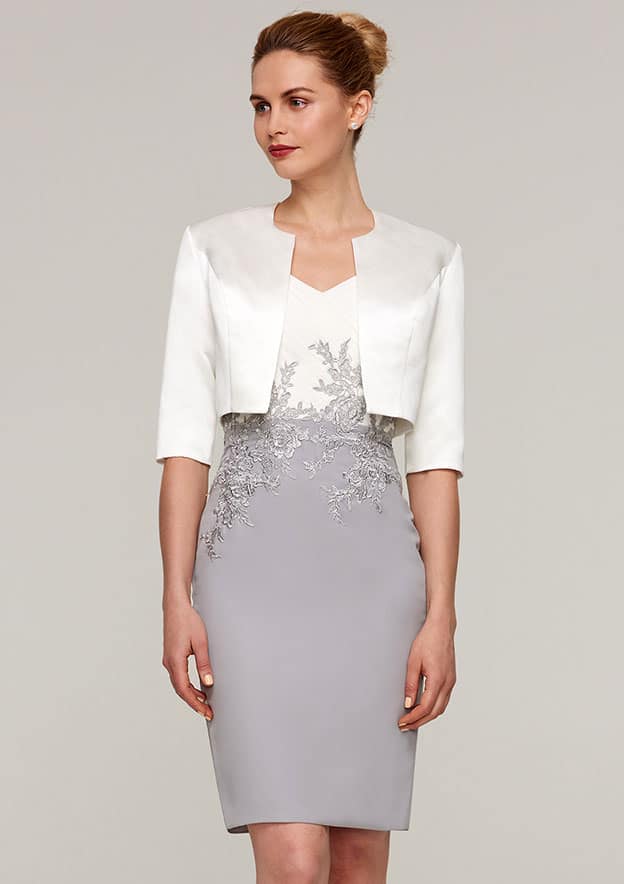 Classic Vintage Wedding Guest Dresses Chiffon Sheath/Column V Neck Short Sleeve Pleated Lace Appliqued With Half Sleeve Jacket Two-Piece Knee-Length Hot Sale Mother of the Bride Dress