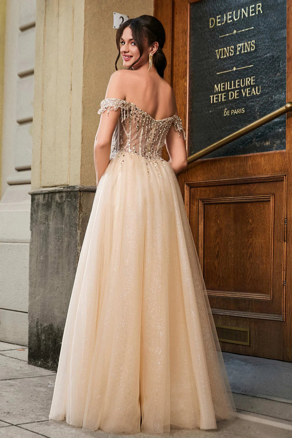 Sparkle Tulle A-Line Off-the-Shoulder Sweetheart Neckline Sleeveless Beaded Backless Cheap Long Prom Dress