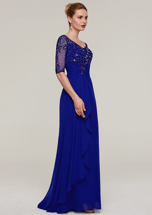 Wedding Guest Dresses Navy Blue Sparkle Chiffon Sheath V Neck Half Sleeve With Rhinestone Tiers Ruffles Sweep Train Hot Sale Mother of the Bride Dress