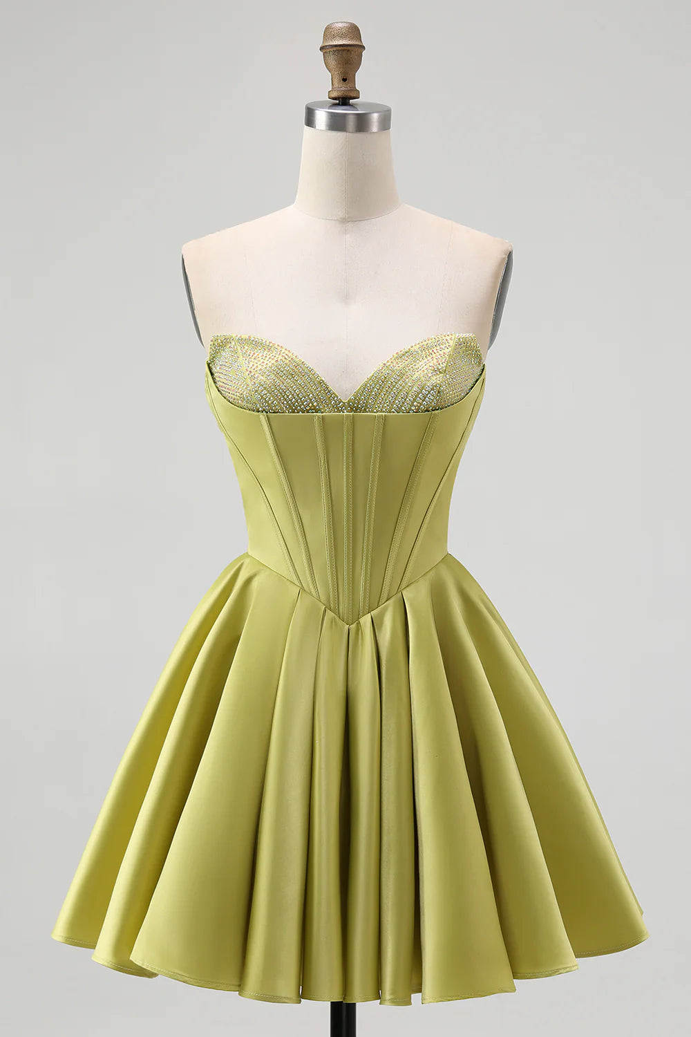 Fashion Short Dress Sparkly Green Satin A-Line Strapless Sweetheart Sleeveless with Beading Backless Bow Ruched Bargain Homecoming Dress