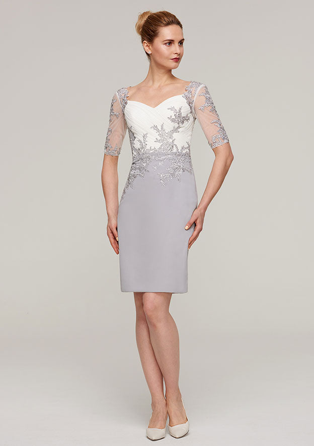 Classic Vintage Wedding Guest Dresses Chiffon Sheath/Column V Neck Short Sleeve Pleated Lace Appliqued With Half Sleeve Jacket Two-Piece Knee-Length Hot Sale Mother of the Bride Dress