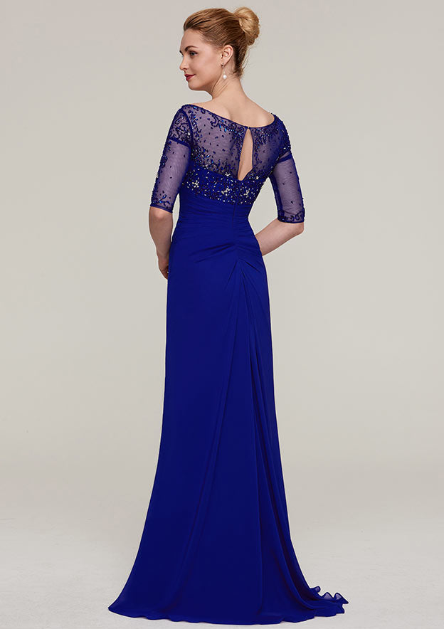 Wedding Guest Dresses Navy Blue Sparkle Chiffon Sheath V Neck Half Sleeve With Rhinestone Tiers Ruffles Sweep Train Hot Sale Mother of the Bride Dress
