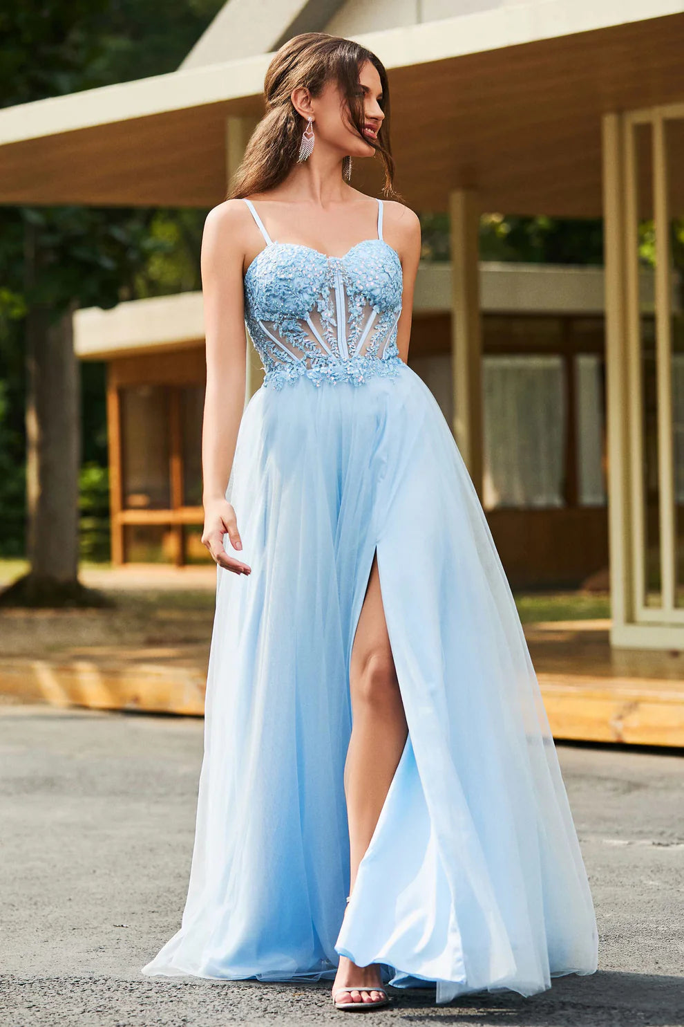 Exquisite Light Blue Tulle A Line Spaghetti Straps Sweetheart Neckline Sleeveless Lace Applique Lace Up Backless Side Fork Cheap Long Prom Dress