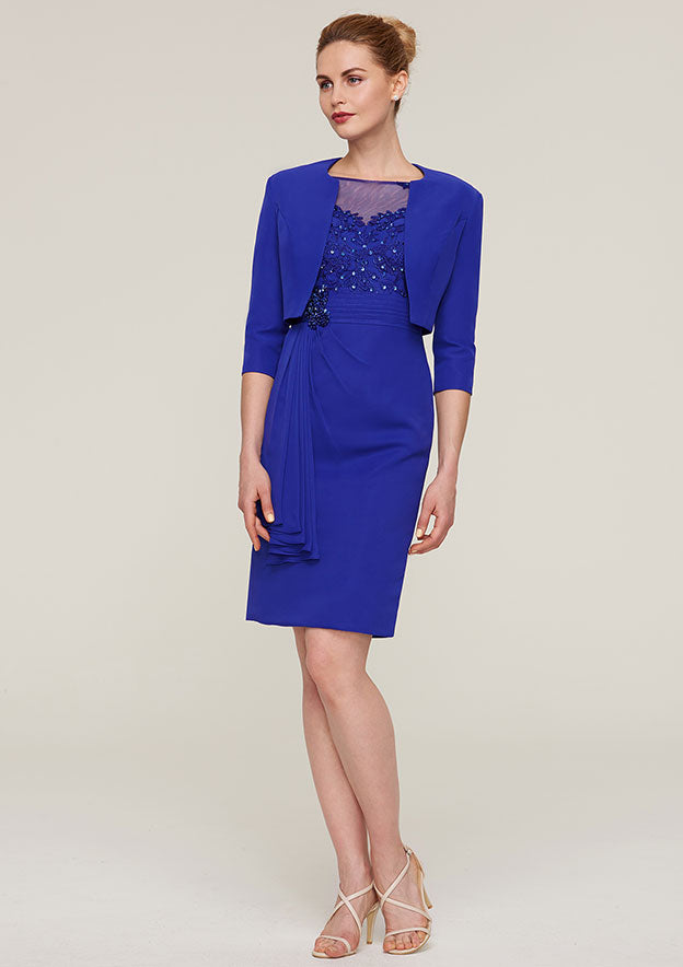 Wedding Guest Dresses Royal Blue Chiffon Sheath Bateau Half Sleeve Lace Appliqued Beading Pleated With Jacket Two-Piece Knee-Length Hot Sale Mother of the Bride Dress