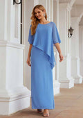 Elegant Wedding Guest Dresses Blue Chiffon Sheath/Column Scoop Neck Batwing Sleeve Ruched Ankle-Length Hot Sale Mother of the Bride Dress