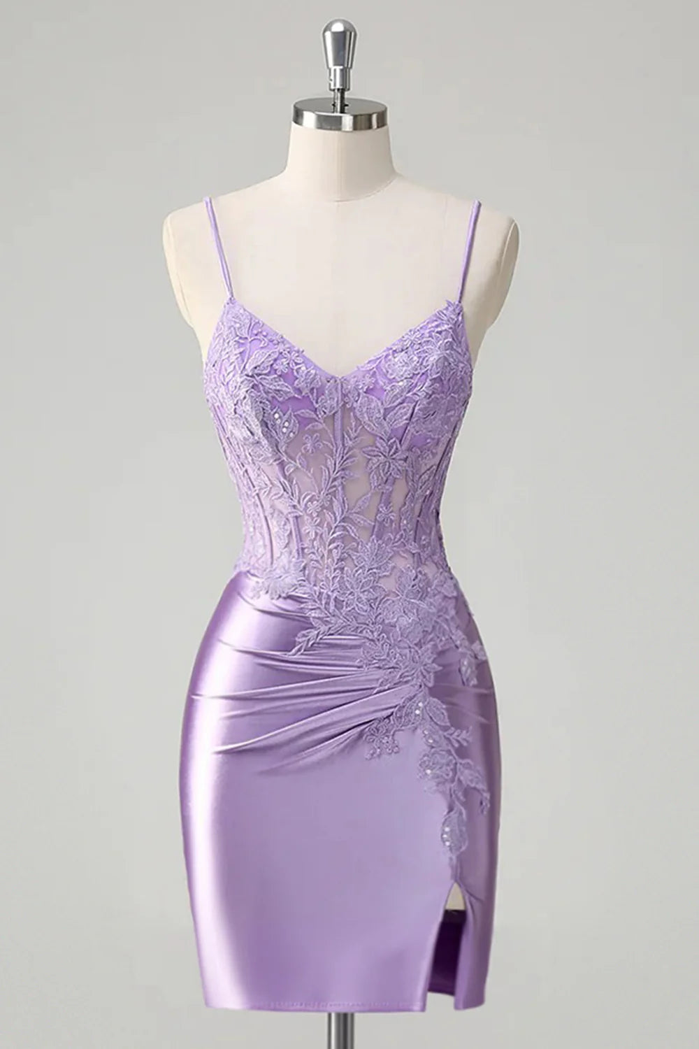 Exquisite Short Dress Lilac Tight Spaghetti Strap V Neck Sleeveless Lace Applique with Slit Backless Bargain Homecoming Dress