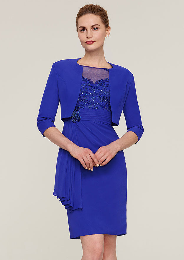 Wedding Guest Dresses Royal Blue Chiffon Sheath Bateau Half Sleeve Lace Appliqued Beading Pleated With Jacket Two-Piece Knee-Length Hot Sale Mother of the Bride Dress