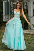 Fashion Mint Tulle A Line Spaghetti Strap V Neck Sleeveless Lace Applique Lace Up Backless Cheap Long Prom Dress