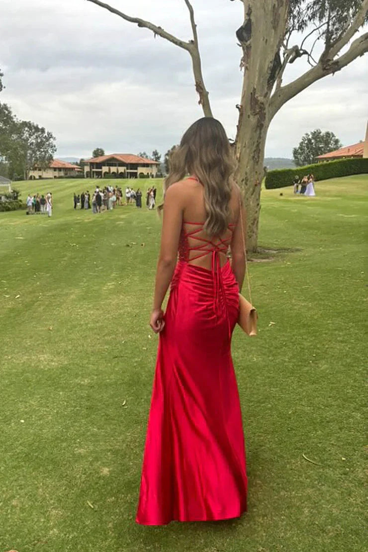 Red Trendy Mermaid Spaghetti Straps Sweetheart Neckline Sleeveless Sequin Pleated with Split Front Backless Hot Sale Long Prom Dress
