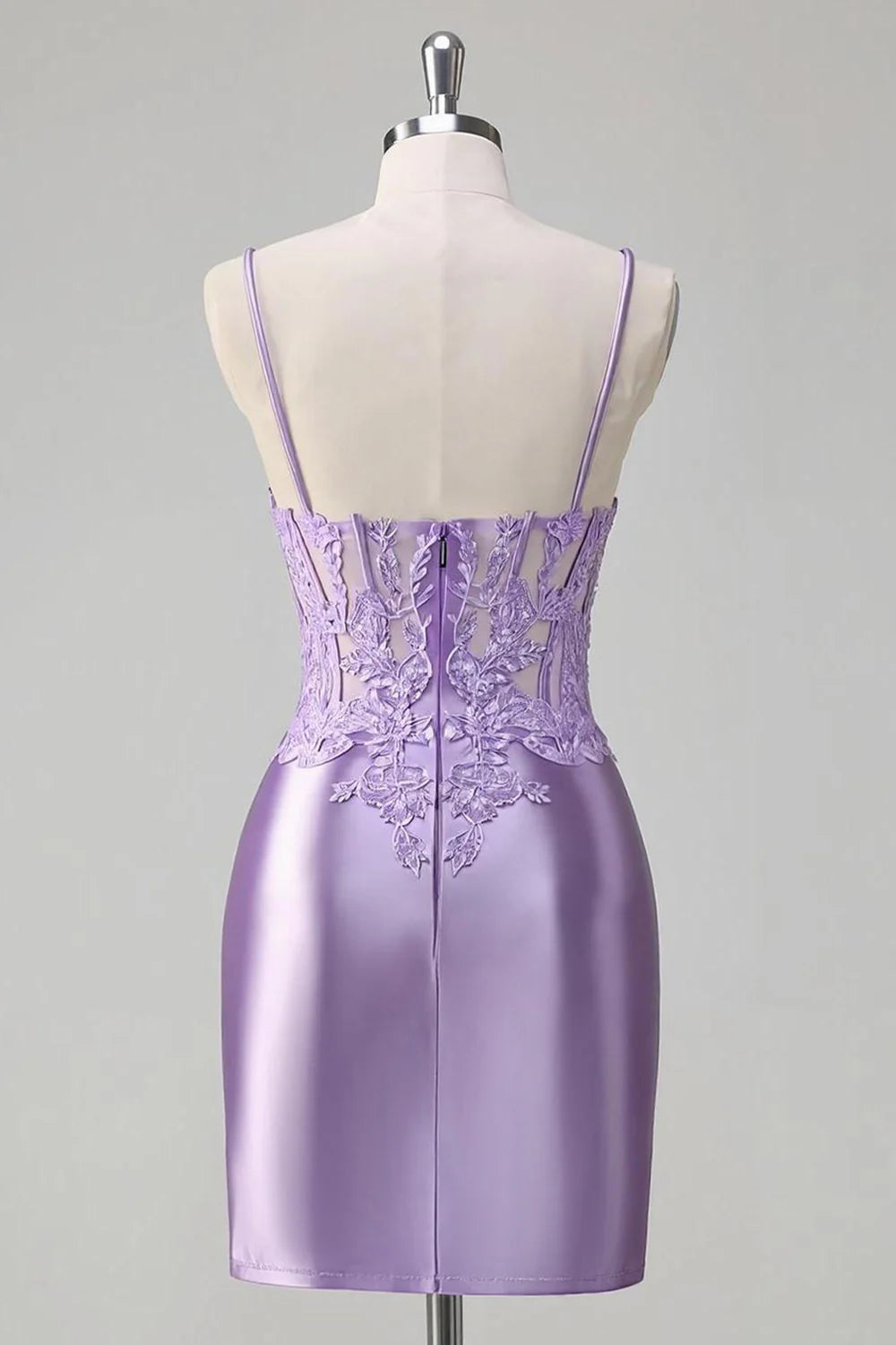 Exquisite Short Dress Lilac Tight Spaghetti Strap V Neck Sleeveless Lace Applique with Slit Backless Bargain Homecoming Dress