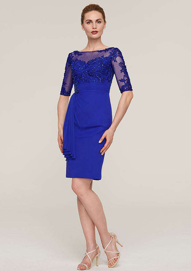 Wedding Guest Dresses Royal Blue Chiffon Sheath Bateau Half Sleeve Lace Appliqued Beading Pleated With Jacket Two-Piece Knee-Length Hot Sale Mother of the Bride Dress