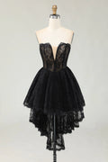 Charming Short Dress Black Lace A Line Strapless Sweetheart Sleeveless High-Low with Ruffles Backless Bargain Homecoming Dress