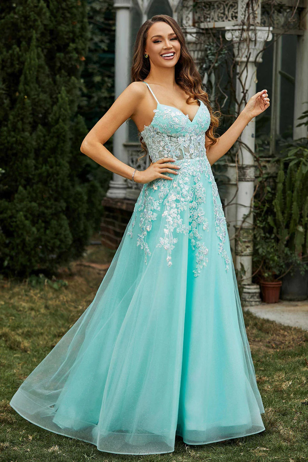 Fashion Mint Tulle A Line Spaghetti Strap V Neck Sleeveless Lace Applique Lace Up Backless Cheap Long Prom Dress