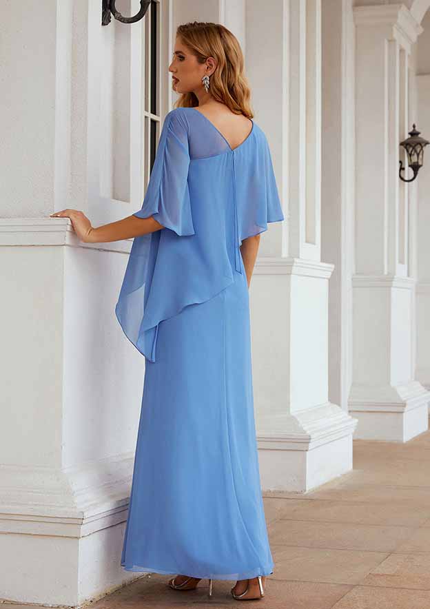 Elegant Wedding Guest Dresses Blue Chiffon Sheath/Column Scoop Neck Batwing Sleeve Ruched Ankle-Length Hot Sale Mother of the Bride Dress