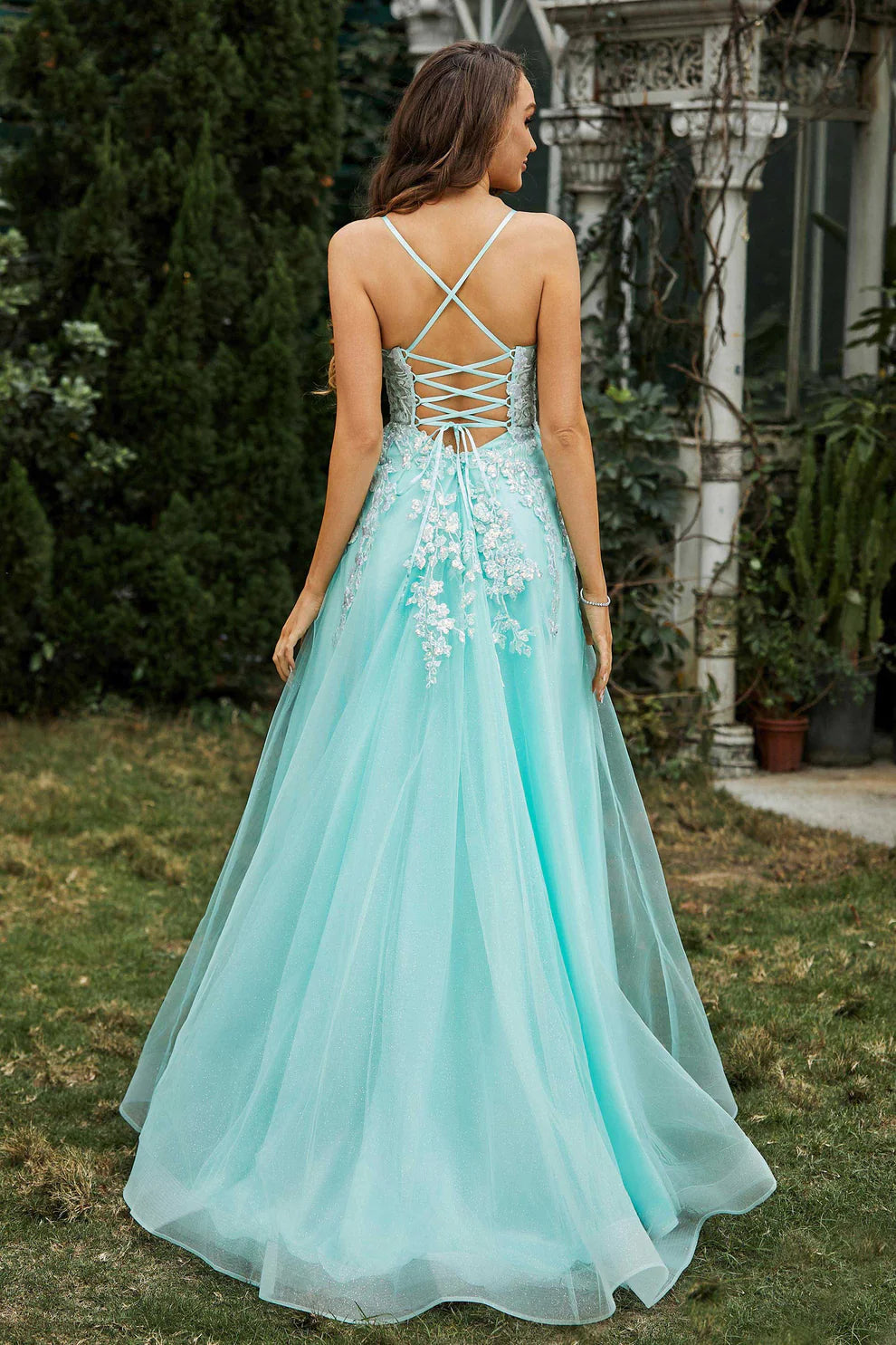 Fashion Mint Tulle A Line Spaghetti Strap V Neck Sleeveless Lace Applique Lace Up Backless Cheap Long Prom Dress