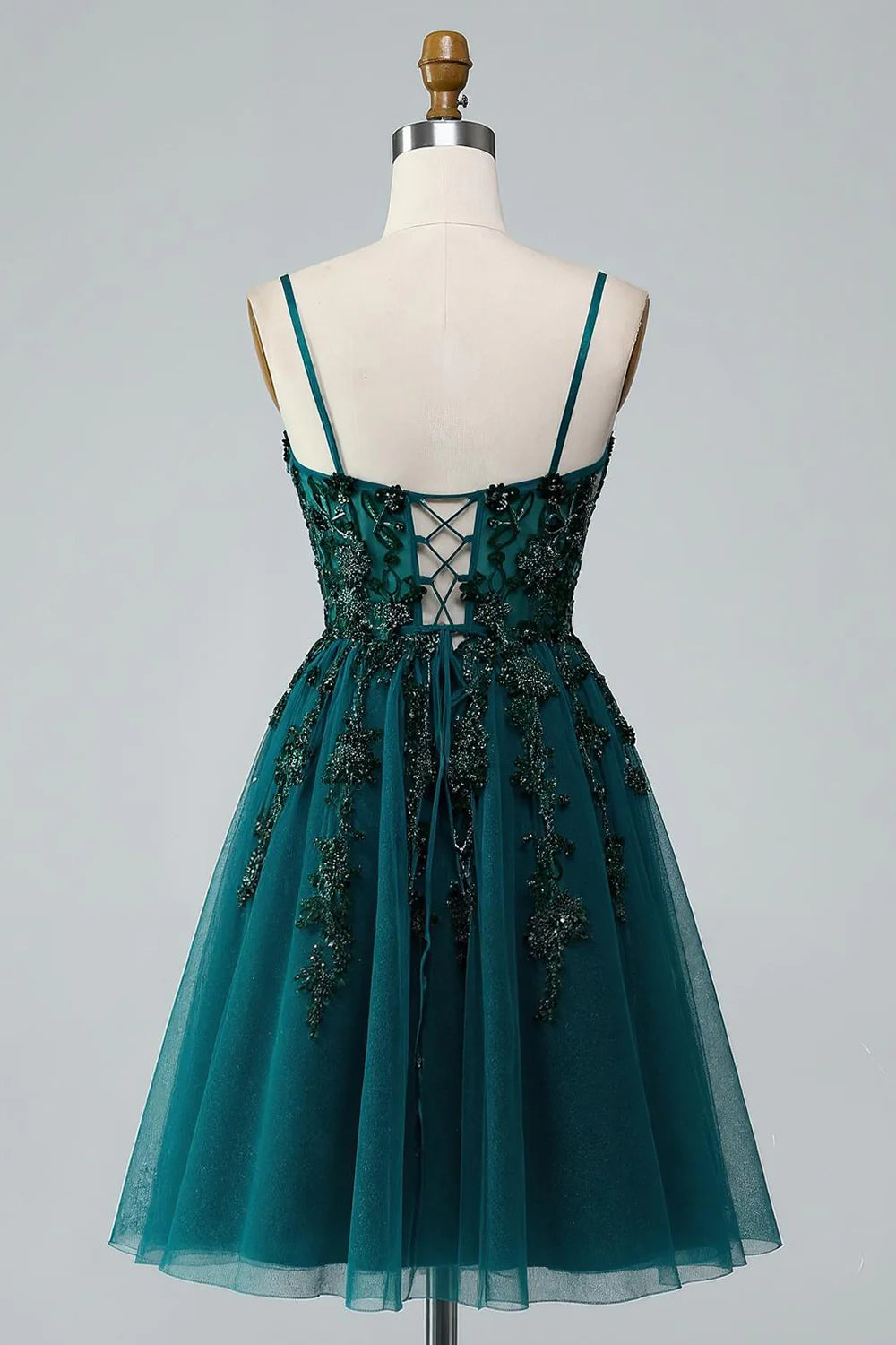 Luxury Short Dress Sparkly Dark Green A Line Spaghetti Strap Sleeveless with Beading Backless Bargain Homecoming Dress