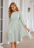 Classic Wedding Guest Dresses Mint Green Chiffon A-line Scoop Neck Pleated With 3/4 Long Sleeve Jacket Two-Piece Knee-Length Hot Sale Mother of the Bride Dress