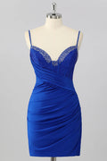 Fashion Short Dress Sparkly Royal Blue Tight Spaghetti Strap Sweetheart Neckline Pleated with Rhinestone Sleeveless Backless Bargain Homecoming Dress