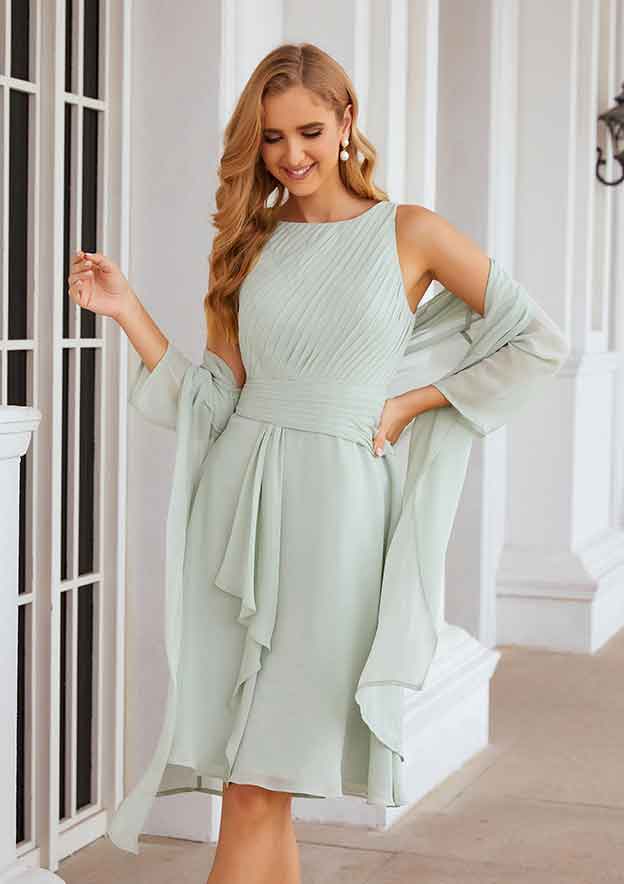 Classic Wedding Guest Dresses Mint Green Chiffon A-line Scoop Neck Pleated With 3/4 Long Sleeve Jacket Two-Piece Knee-Length Hot Sale Mother of the Bride Dress