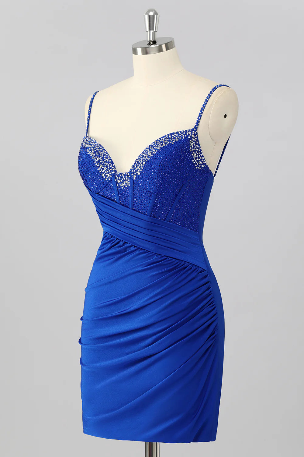 Fashion Short Dress Sparkly Royal Blue Tight Spaghetti Strap Sweetheart Neckline Pleated with Rhinestone Sleeveless Backless Bargain Homecoming Dress