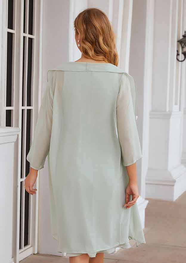 Classic Wedding Guest Dresses Mint Green Chiffon A-line Scoop Neck Pleated With 3/4 Long Sleeve Jacket Two-Piece Knee-Length Hot Sale Mother of the Bride Dress
