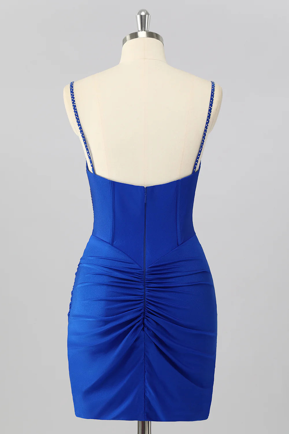 Fashion Short Dress Sparkly Royal Blue Tight Spaghetti Strap Sweetheart Neckline Pleated with Rhinestone Sleeveless Backless Bargain Homecoming Dress