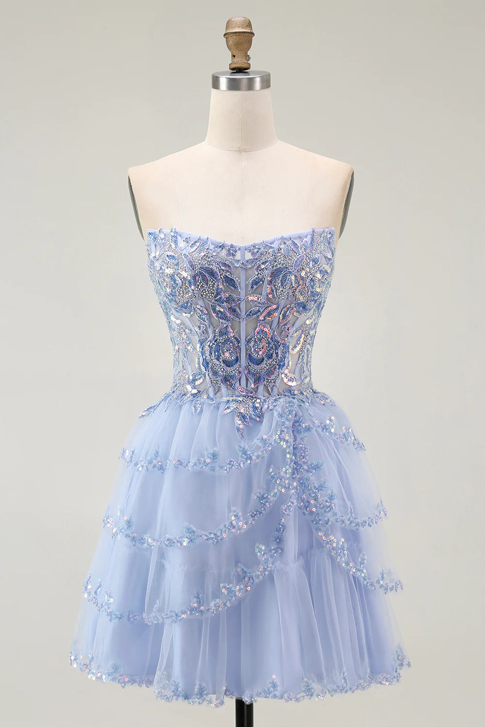 Fashion Short Dress Sparkly Lavender A Line Strapless Beading Sleeveless Sequin Layering Backless Bargain Homecoming Dress