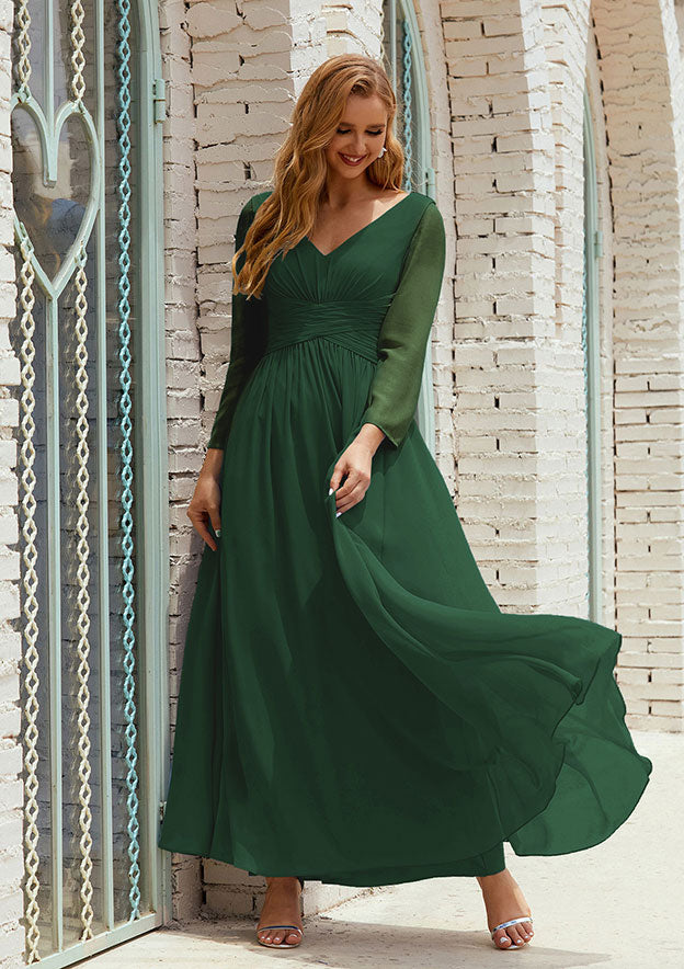 Elegant Wedding Guest Dresses Dark Green Chiffon Simple A-line V Neck Long Sleeve With Pleated Ankle-Length Hot Sale Mother of the Bride Dress