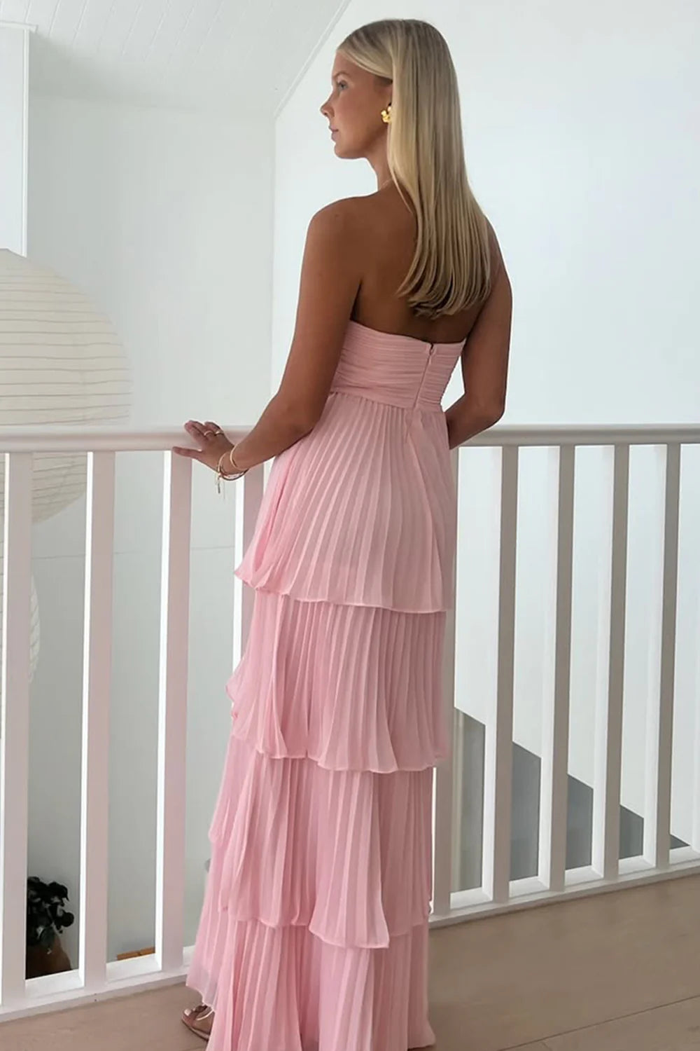 Chic Pink A Line Strapless Sweetheart Sleeveless with Layered Ruffles Backless Hot Sale Long Prom Dress