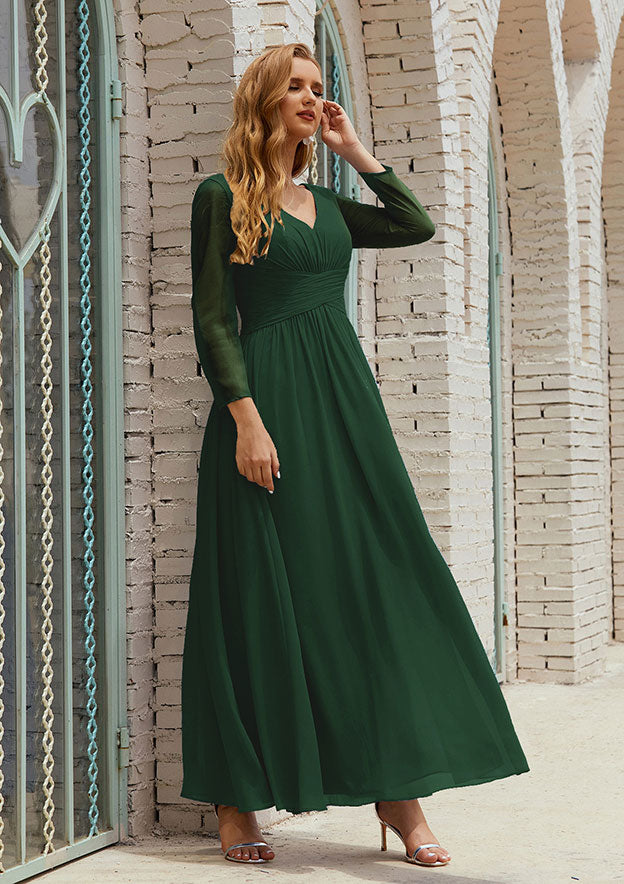 Elegant Wedding Guest Dresses Dark Green Chiffon Simple A-line V Neck Long Sleeve With Pleated Ankle-Length Hot Sale Mother of the Bride Dress