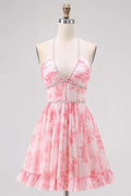 Cute Short Dress Sparkly Pink A Line Halter Sleeveless Printing Rhinestone Backless Bargain Homecoming Dress