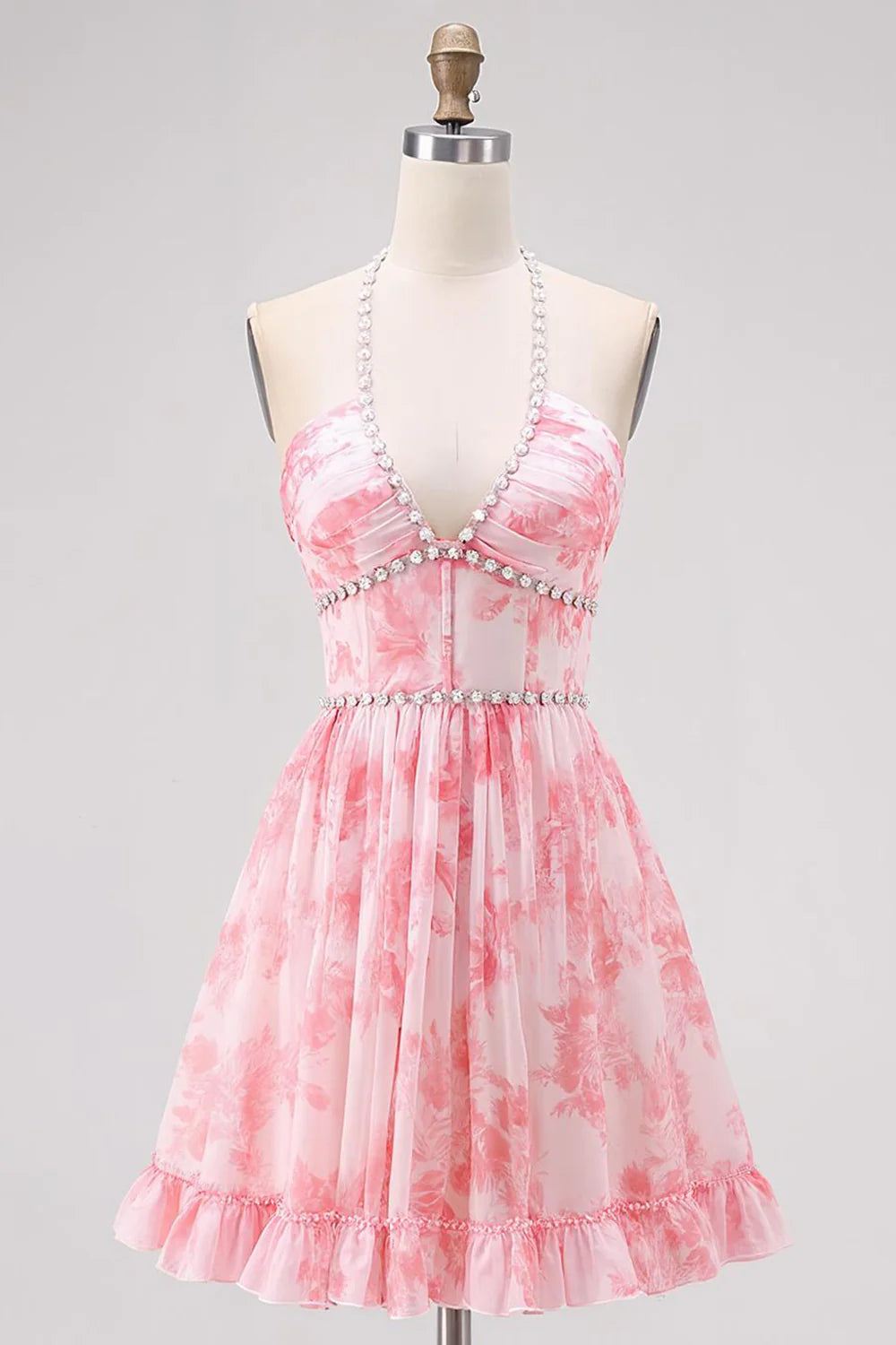 Cute Short Dress Sparkly Pink A Line Halter Sleeveless Printing Rhinestone Backless Bargain Homecoming Dress