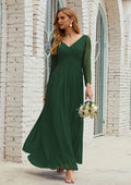 Elegant Wedding Guest Dresses Dark Green Chiffon Simple A-line V Neck Long Sleeve With Pleated Ankle-Length Hot Sale Mother of the Bride Dress